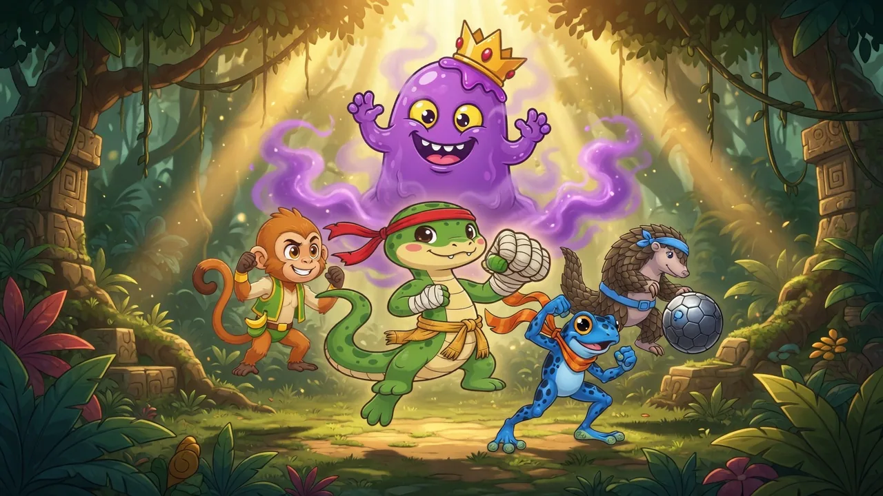 Noodle leaping into a punch with Mango the monkey, Zip the frog and Pip the pangolin, the Gloop King grinning in the mist above