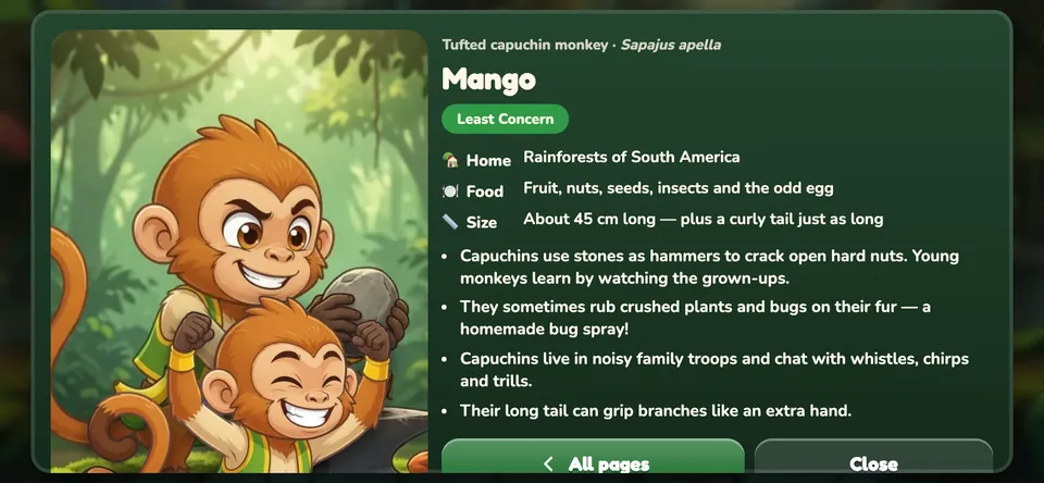 Jungle Journal page about capuchin monkeys